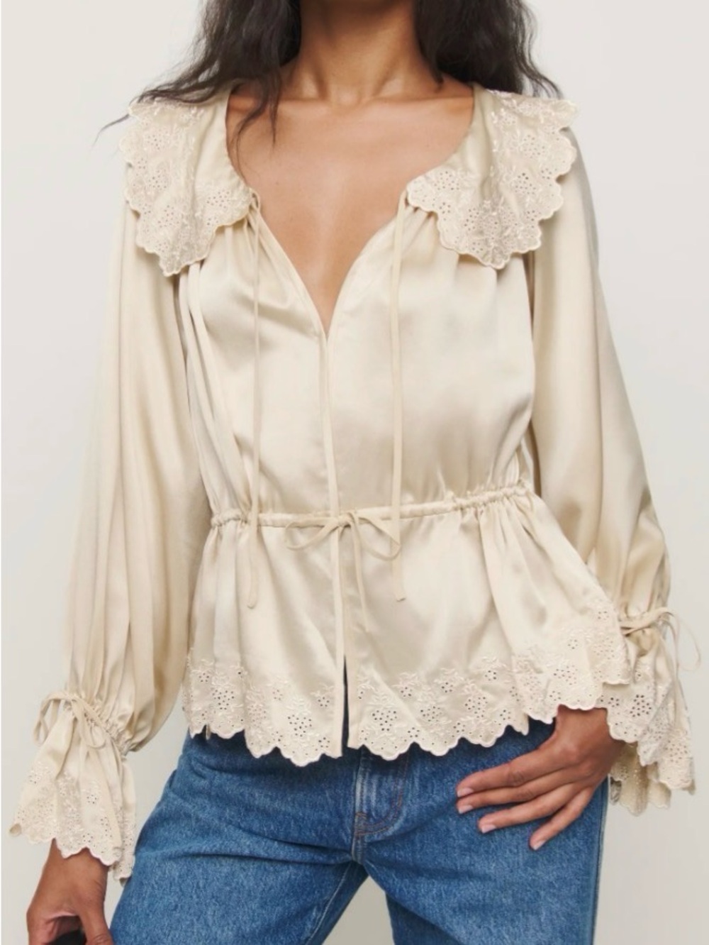 Reformation Kacey Musgraves 100% SilkCream Eyelet-Trim Drawstring Blouse